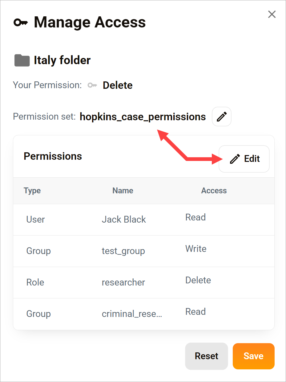 Edit a Permission Set - Select Set